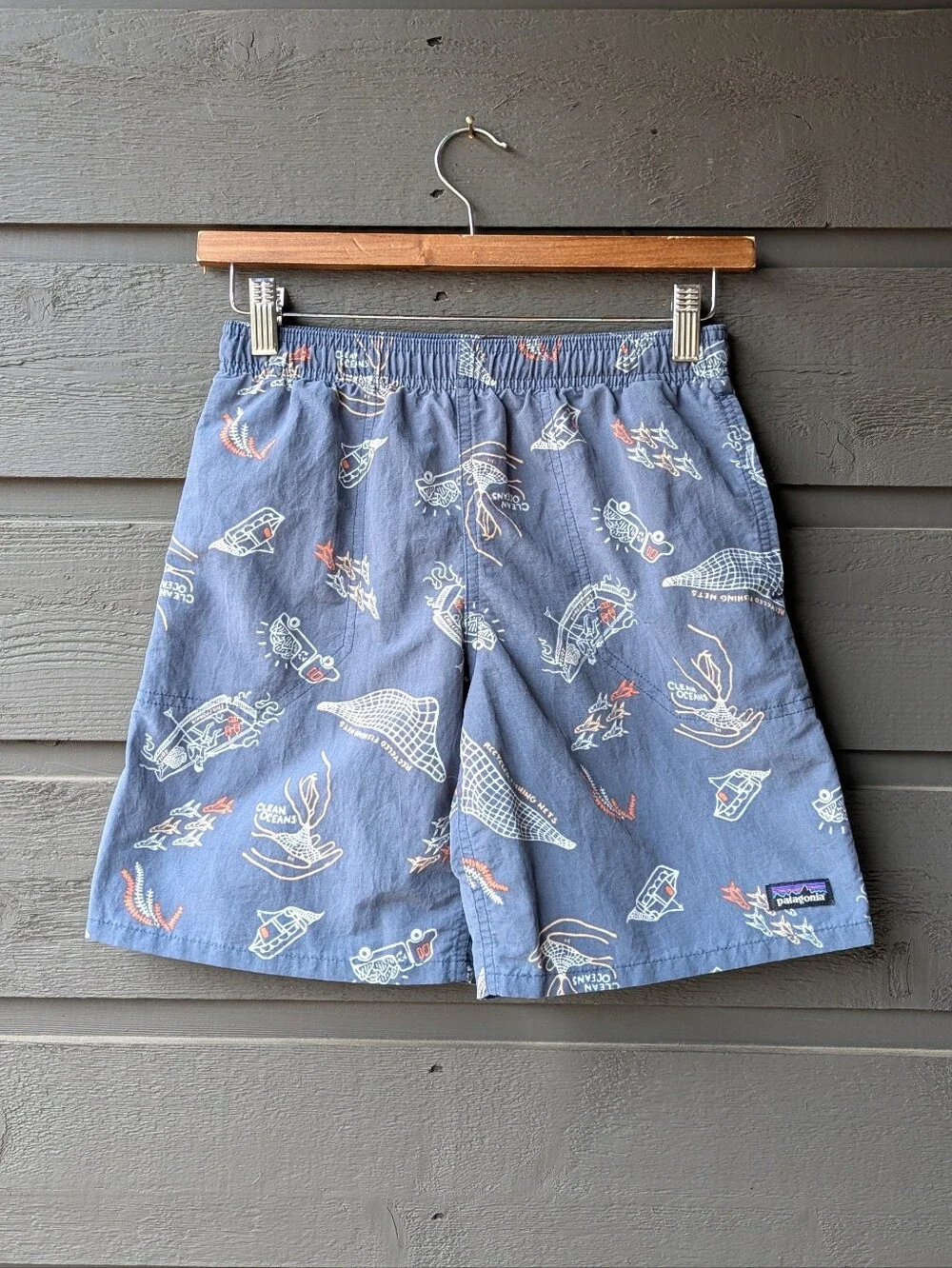 Patagonia Boys' Baggies Clean Oceans Blue Printed Swim Trunks Size Large